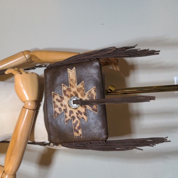 Shyanne Handbags - Shyanne crossbody purse brown pony cow print fringe concho trim EUC